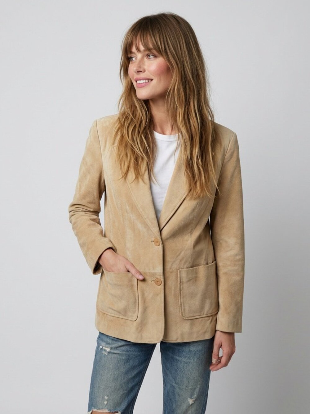 Leather Blazer Vintage 90s Tan Suede Jacket Women Size Small